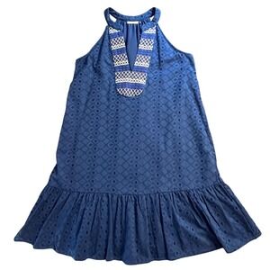 CABANA LIFE Blue Mini Halter Dress UPF 50 Eyelet Embroidery Tiered Ruffle SMALL